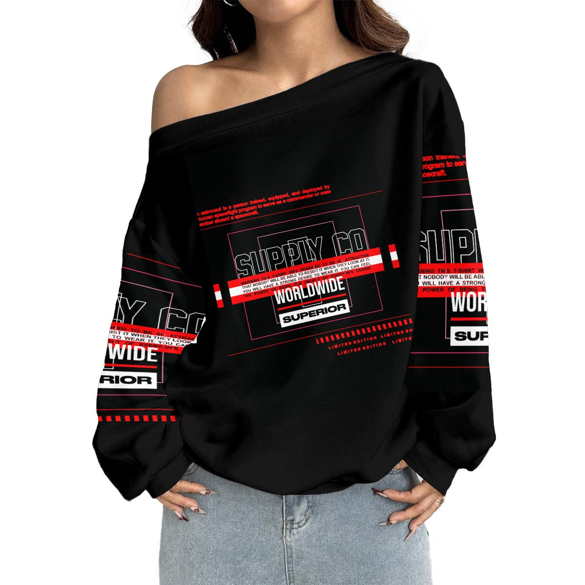 Women's Off-Shoulder Worldwide Superior Supply Co. Sweatshirt with Micro-Fleece Lining|DTF