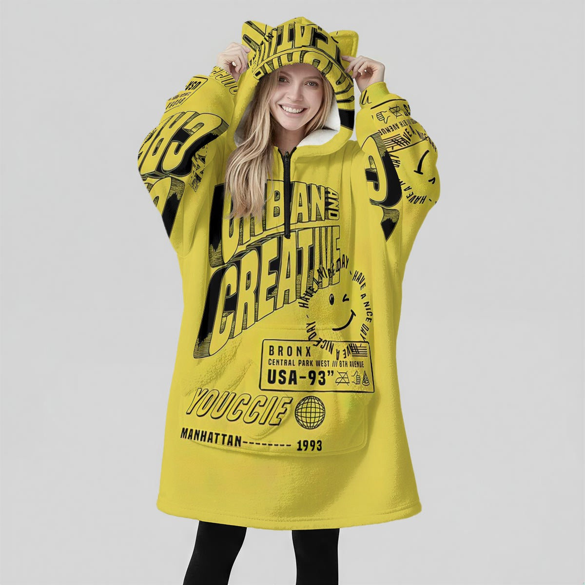 Urban Creative All-Over Print Women's Fleece Oversized Hoodie Blanket With Decorative Ears