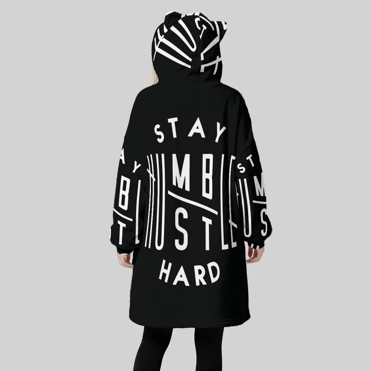 Humble Hustle Hard All-Over Print Women's Fleece Oversized Hoodie Blanket With Decorative Ears