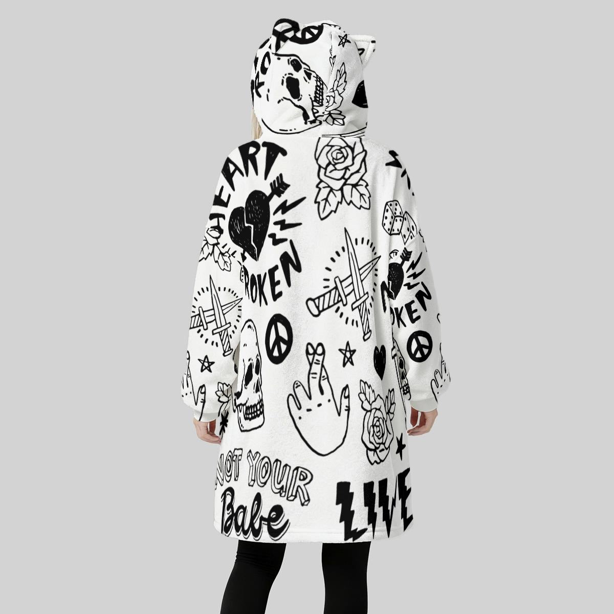 Heart Broken All-Over Print Women's Fleece Oversized Hoodie Blanket With Decorative Ears