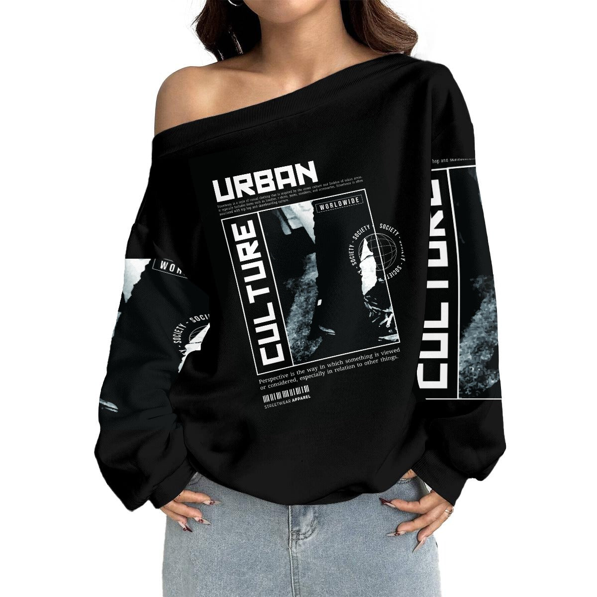 Women's Off-Shoulder Urban Culture Sweatshirt with Micro-Fleece Lining|DTF
