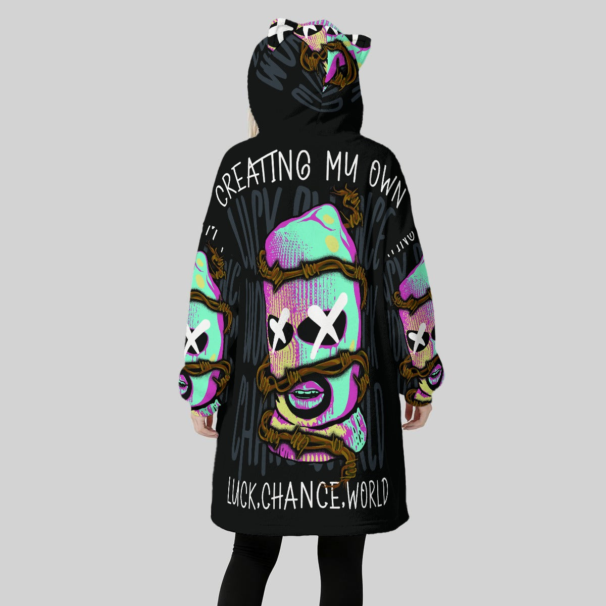 Luck All-Over Print Women's Fleece Oversized Hoodie Blanket With Decorative Ears