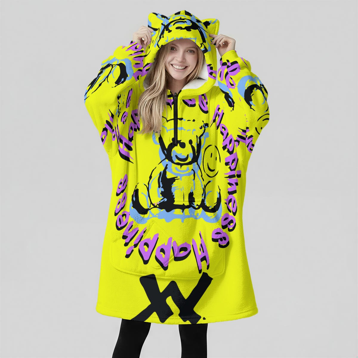 Happiness All-Over Print Women's Fleece Oversized Hoodie Blanket With Decorative Ears