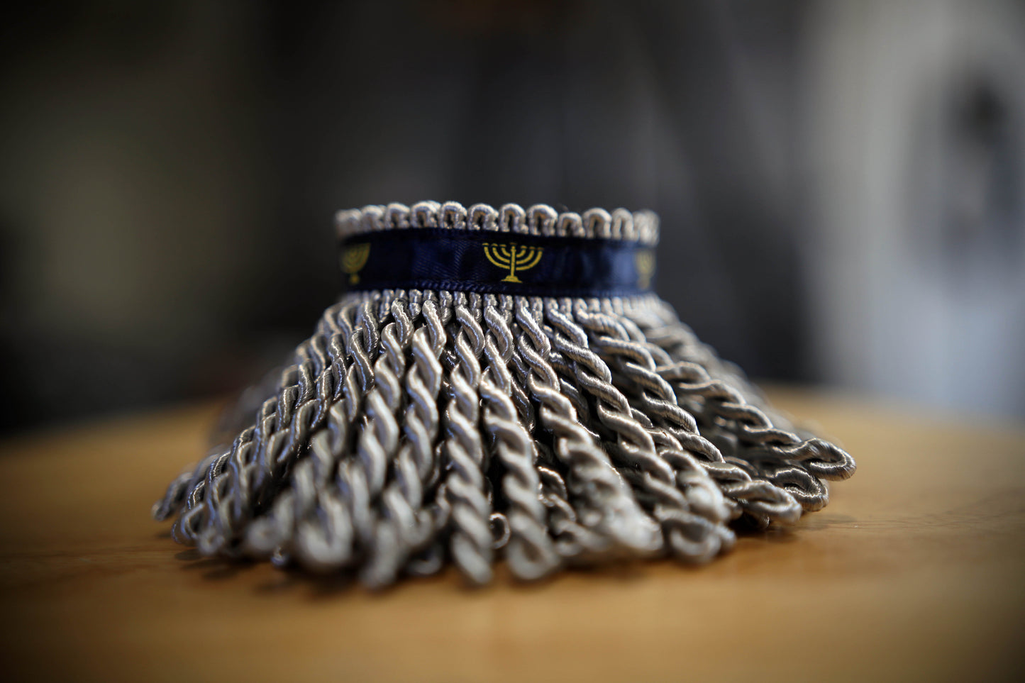 Rare Premium Mercury Silver Bullion Fringe with Navy Border of Blue and Menorah Print - israelite fringes for sale Judaica apparel