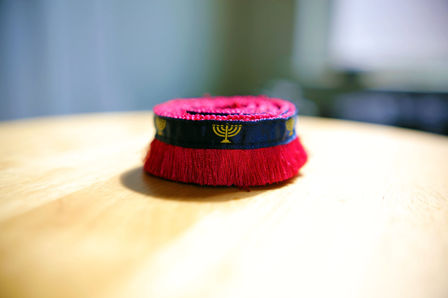 Israelite Hebrew Rare Premium Rosé BLUSH 1" Brush Fringe With Navy Blue Ribbon and Menorah Print Judaica apparel