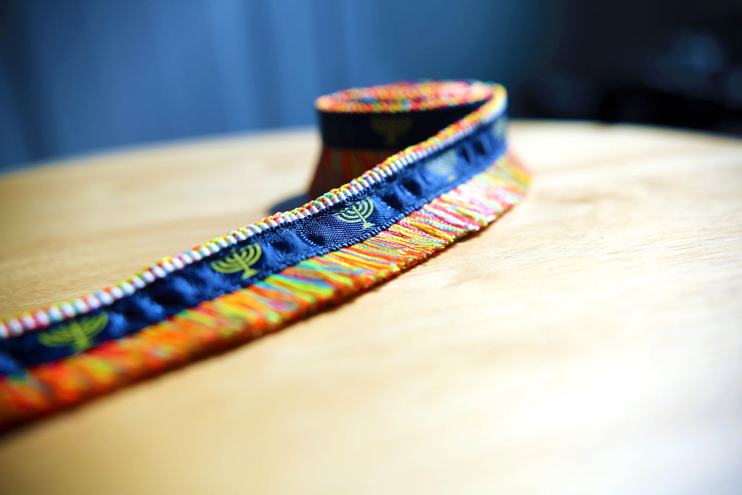 Israelite Hebrew Rare Premium Dreamcoat 1" Brush Fringe With Navy Blue Ribbon and Menorah Print Judaica apparel