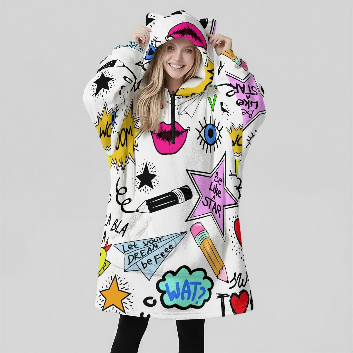Dreamer All-Over Print Women's Fleece Oversized Hoodie Blanket With Decorative Ears