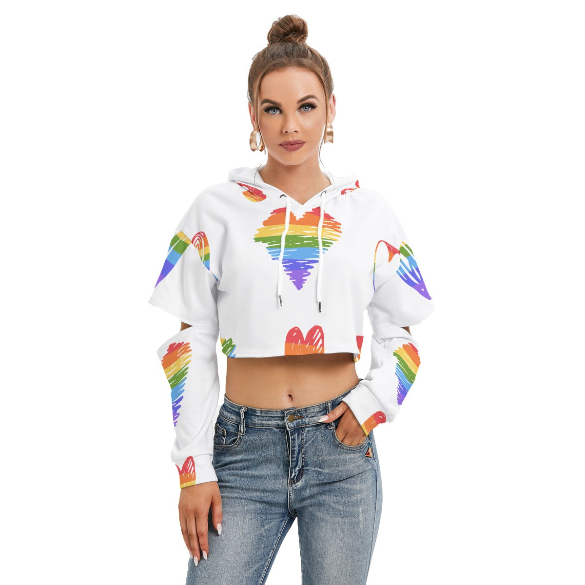 Rainbow Love All-Over Print Women's Heavy Fleece Hoodie With Hollow Out Sleeve