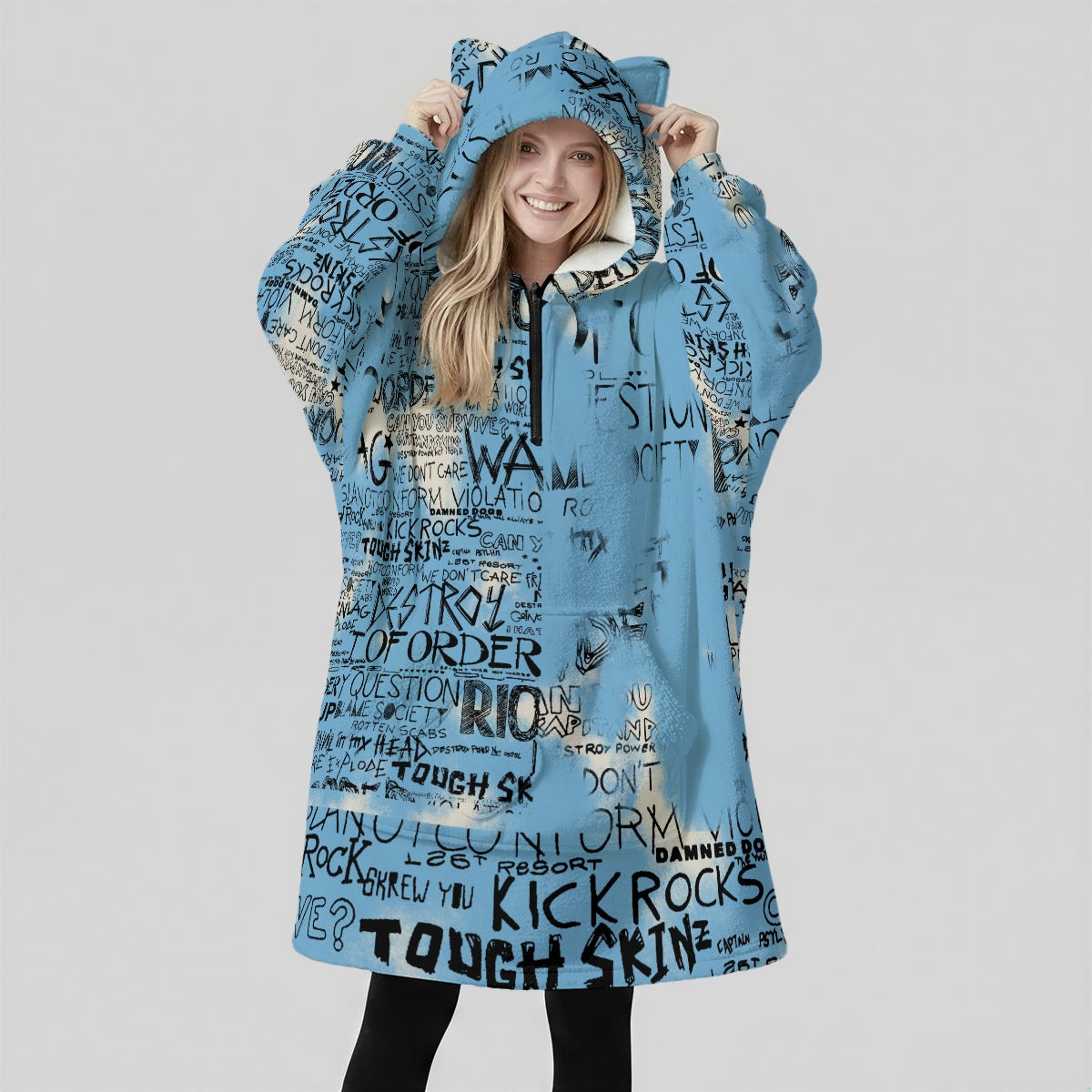 Graffiti All-Over Print Women's Fleece Oversized Hoodie Blanket With Decorative Ears