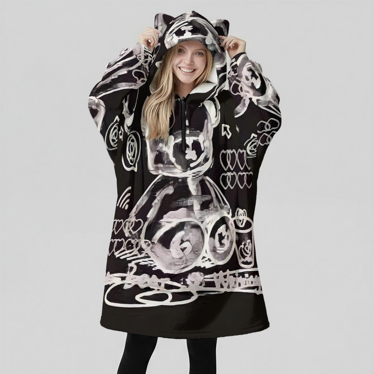 Bear With Me All-Over Print Women's Fleece Oversized Hoodie Blanket With Decorative Ears