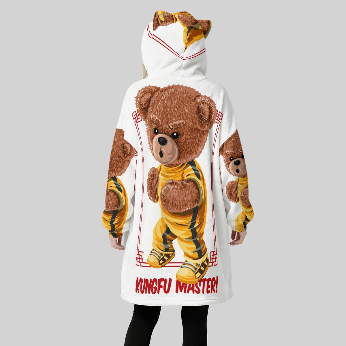 Kungfu Master All-Over Print Women's Fleece Oversized Hoodie Blanket With Decorative Ears