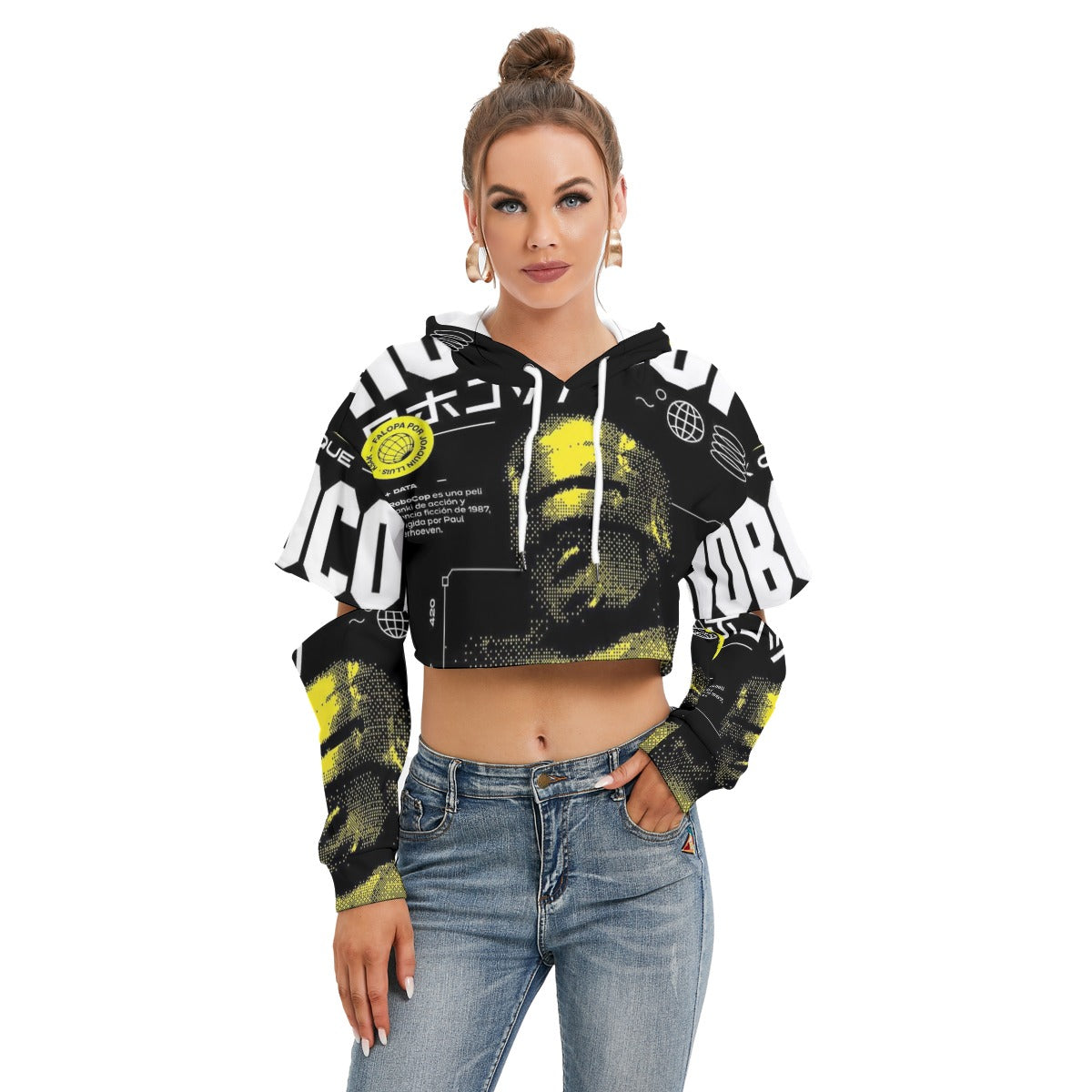 Robo-Cop All-Over Print Women's Heavy Fleece Hoodie With Hollow Out Sleeve