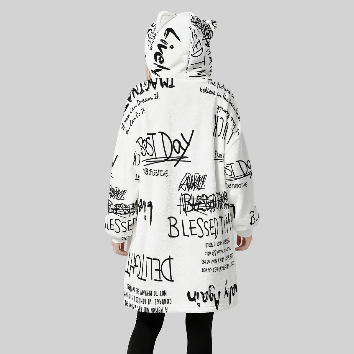 Blessed All-Over Print Women's Fleece Oversized Hoodie Blanket With Decorative Ears