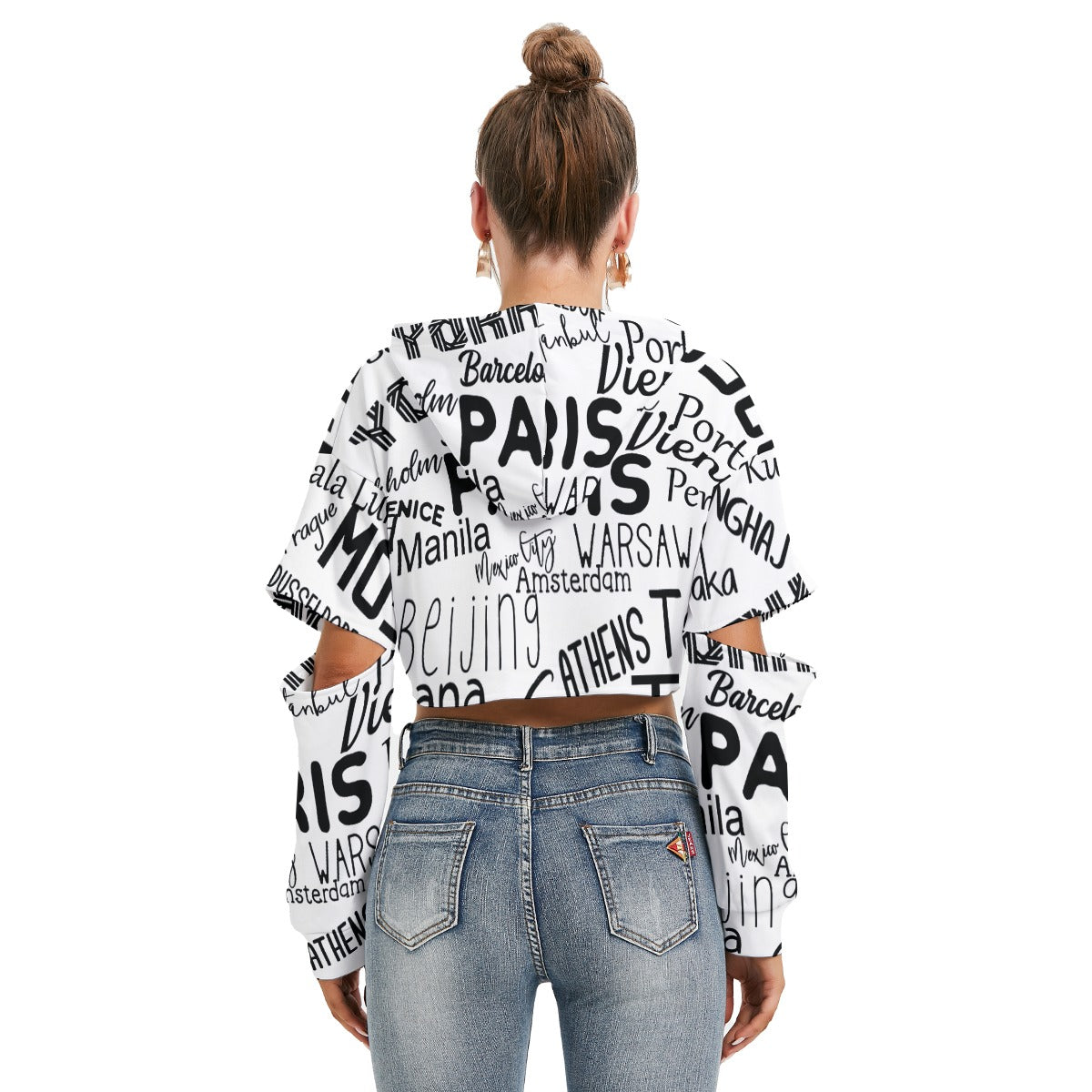Paris Graffiti All-Over Print Women's Heavy Fleece Hoodie With Hollow Out Sleeve
