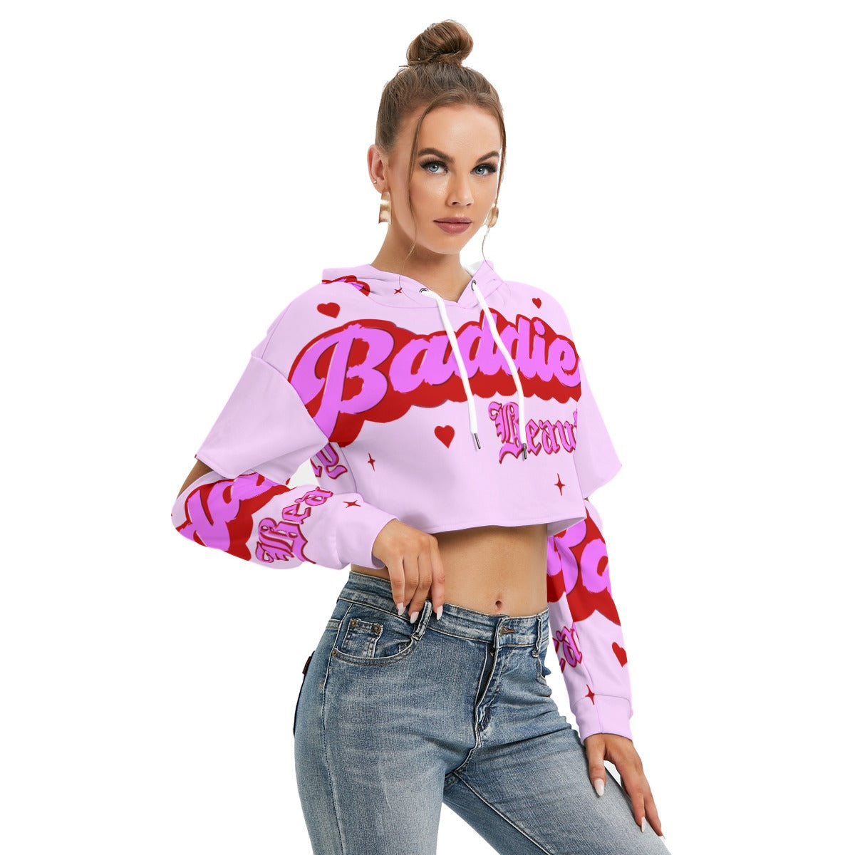 Baddie All-Over Print Women's Heavy Fleece Hoodie With Hollow Out Sleeve