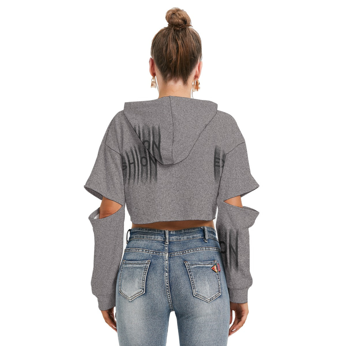 Grey Fashion All-Over Print Women's Heavy Fleece Hoodie With Hollow Out Sleeve