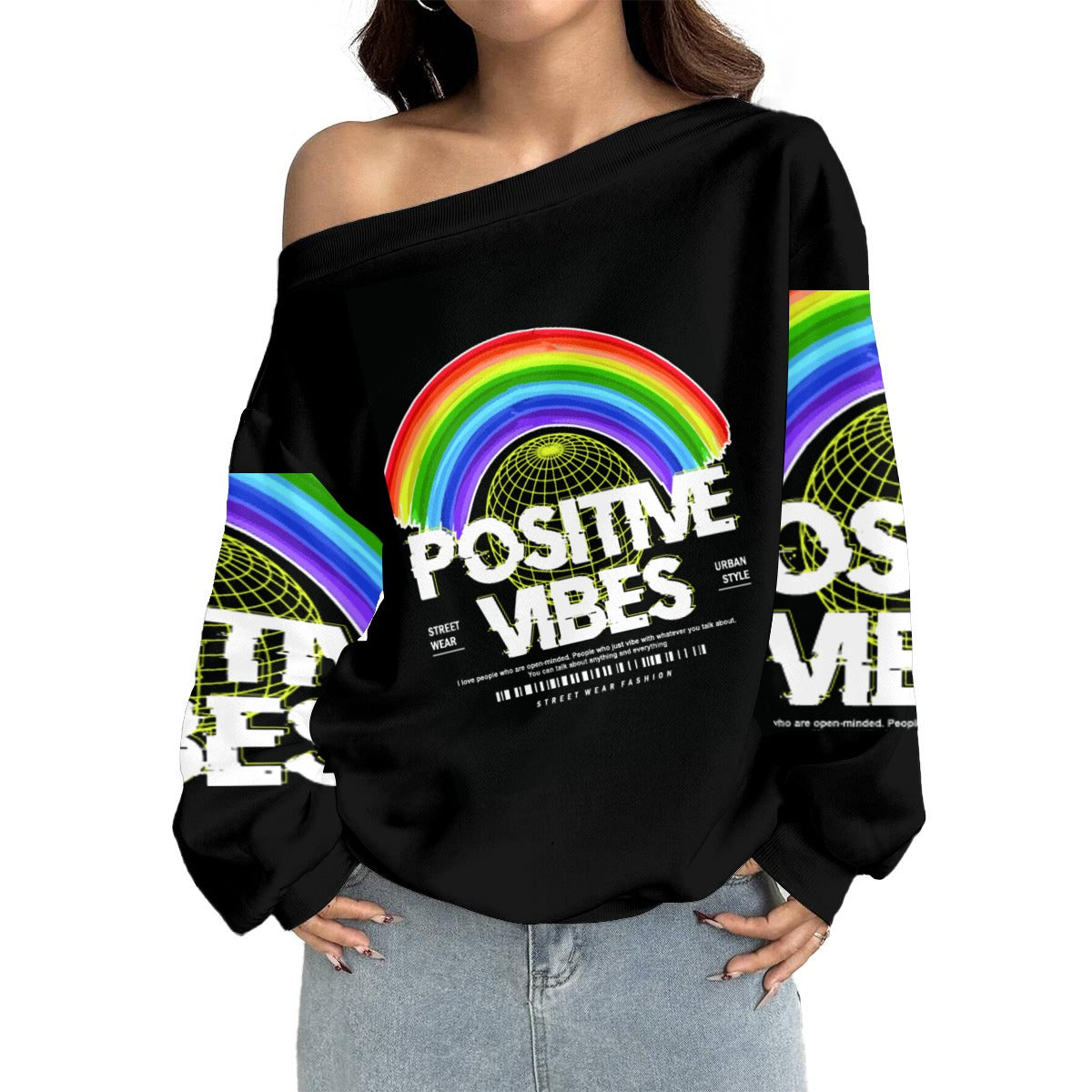 Women's Off-Shoulder Positive Vibes Sweatshirt with Micro-Fleece Lining|DTF