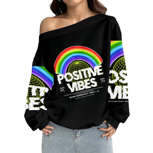 Women's Off-Shoulder Positive Vibes Sweatshirt with Micro-Fleece Lining|DTF