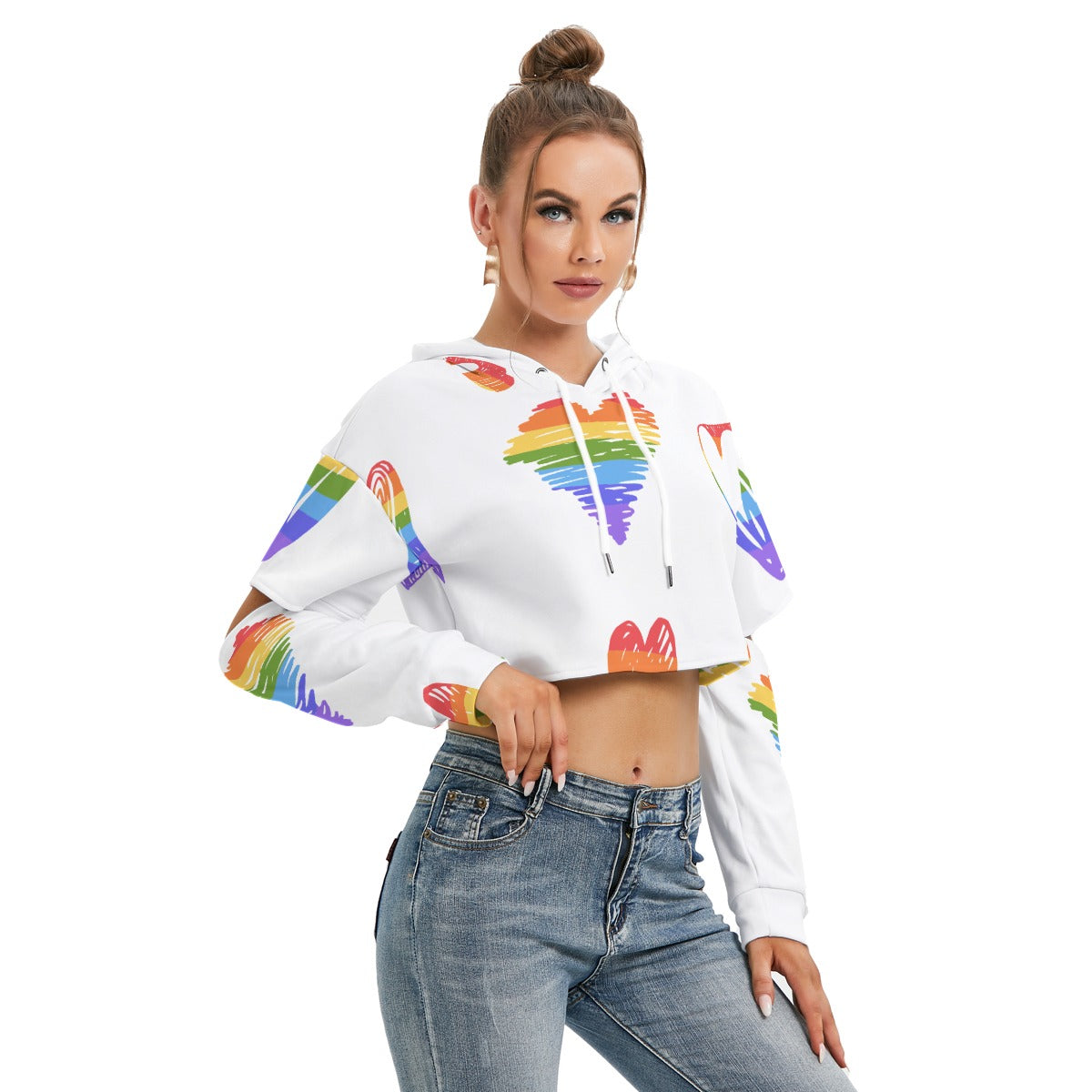 Rainbow Love All-Over Print Women's Heavy Fleece Hoodie With Hollow Out Sleeve