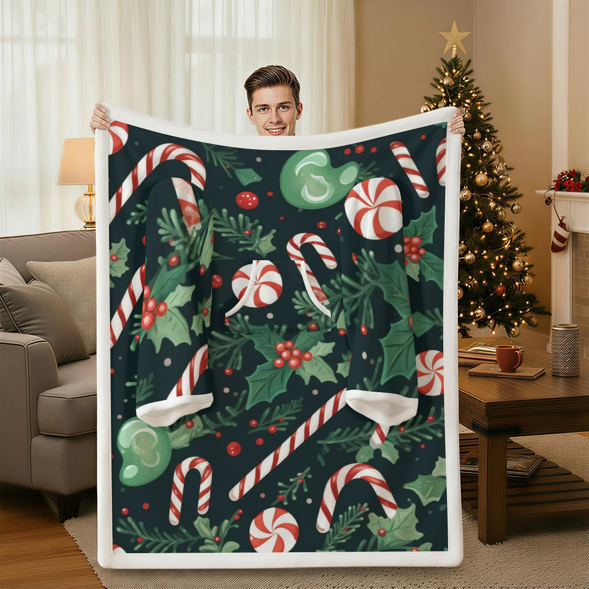 Candy Canes All-Over Print Cozy Wearable Blanket with Sleeves