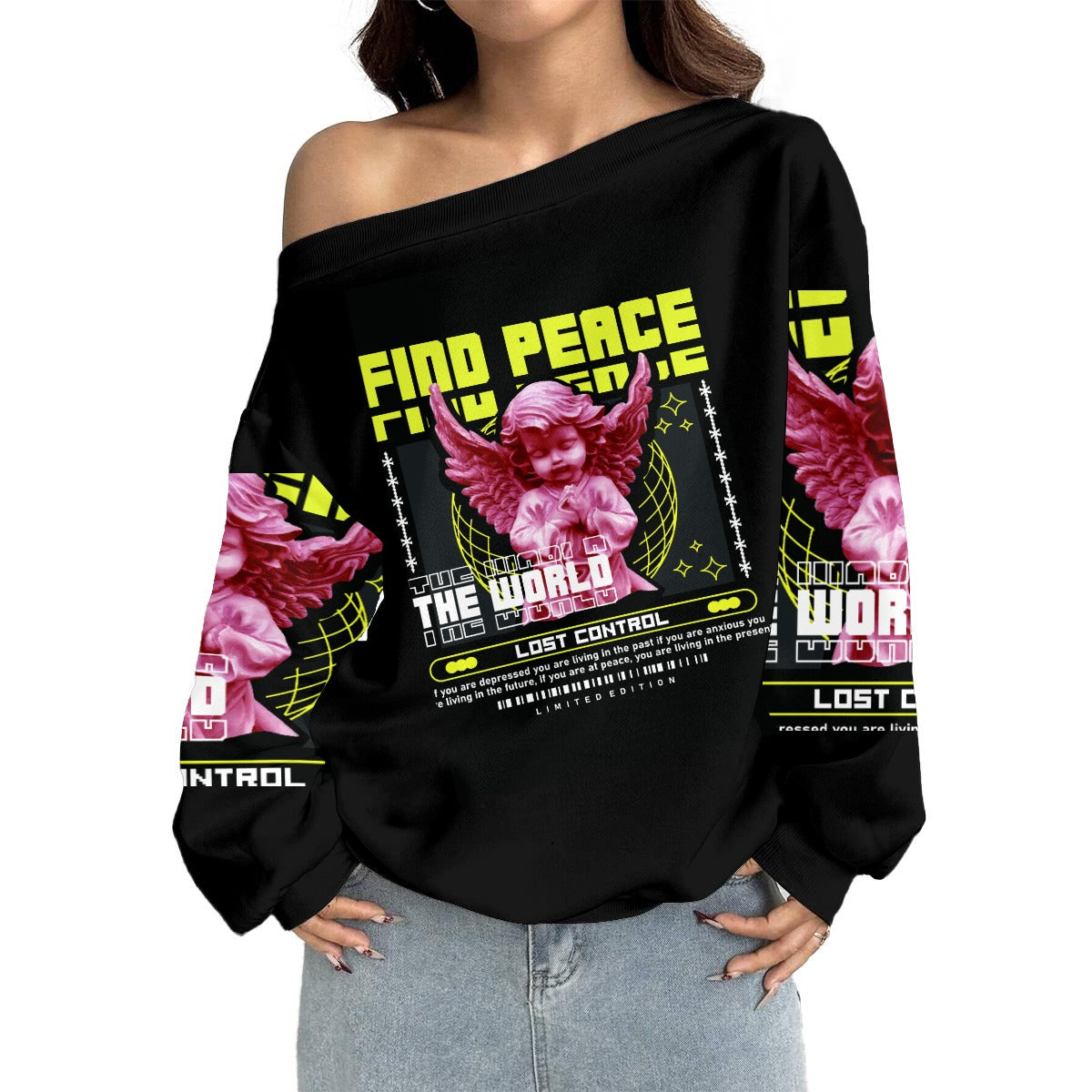 Women's Off-Shoulder Find Peace Sweatshirt with Micro-Fleece Lining|DTF