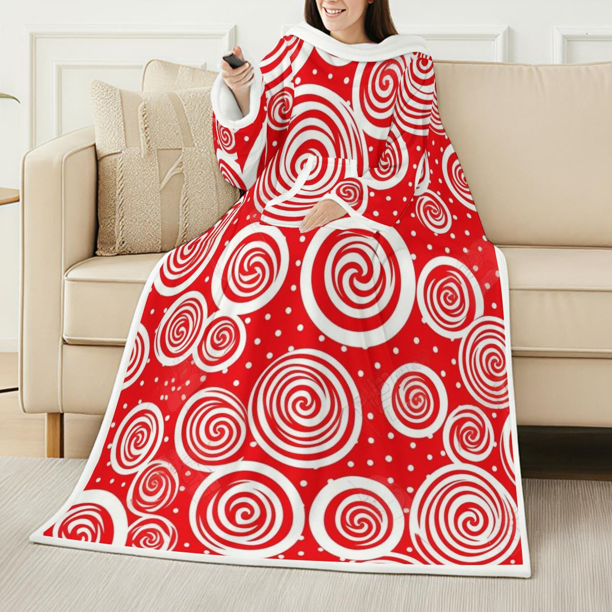 Red Flurry All-Over Print Cozy Wearable Blanket with Sleeves