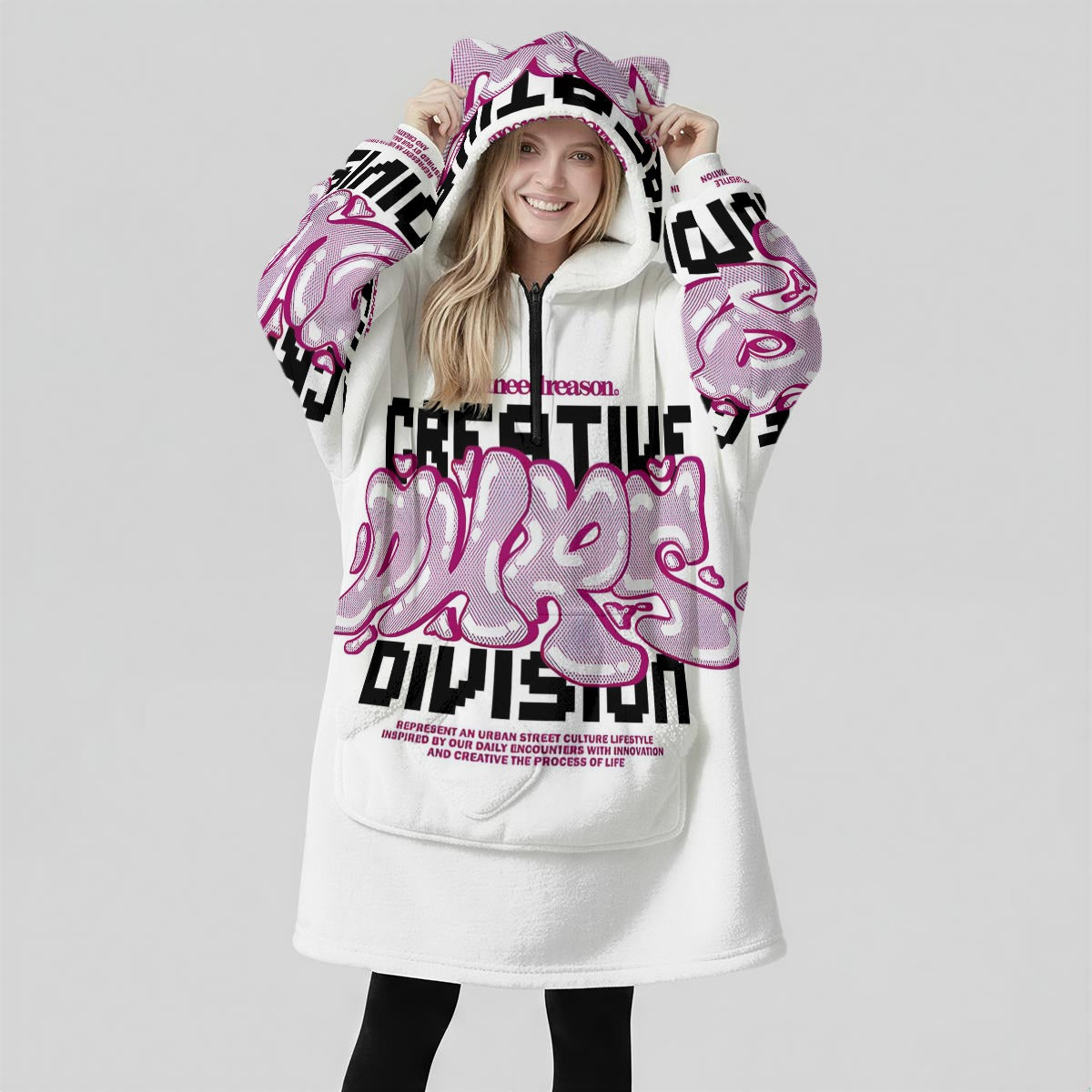 Division All-Over Print Women's Fleece Oversized Hoodie Blanket With Decorative Ears