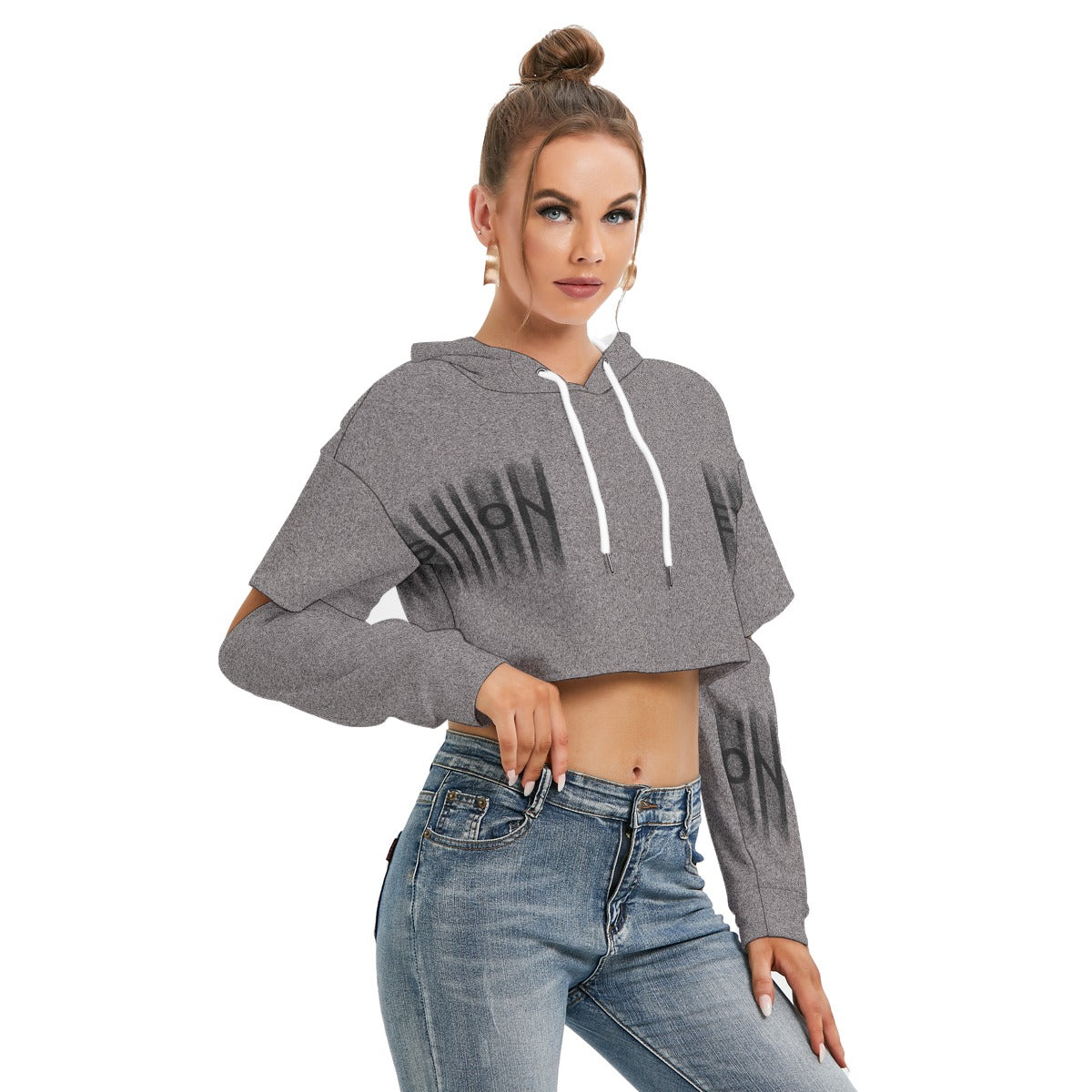 Grey Fashion All-Over Print Women's Heavy Fleece Hoodie With Hollow Out Sleeve