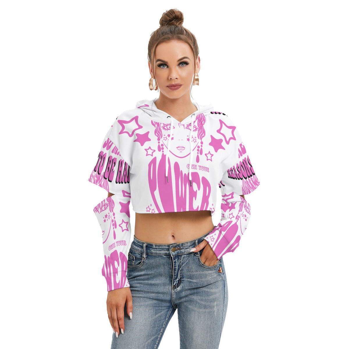 Pinky Power All-Over Print Women's Heavy Fleece Hoodie With Hollow Out Sleeve