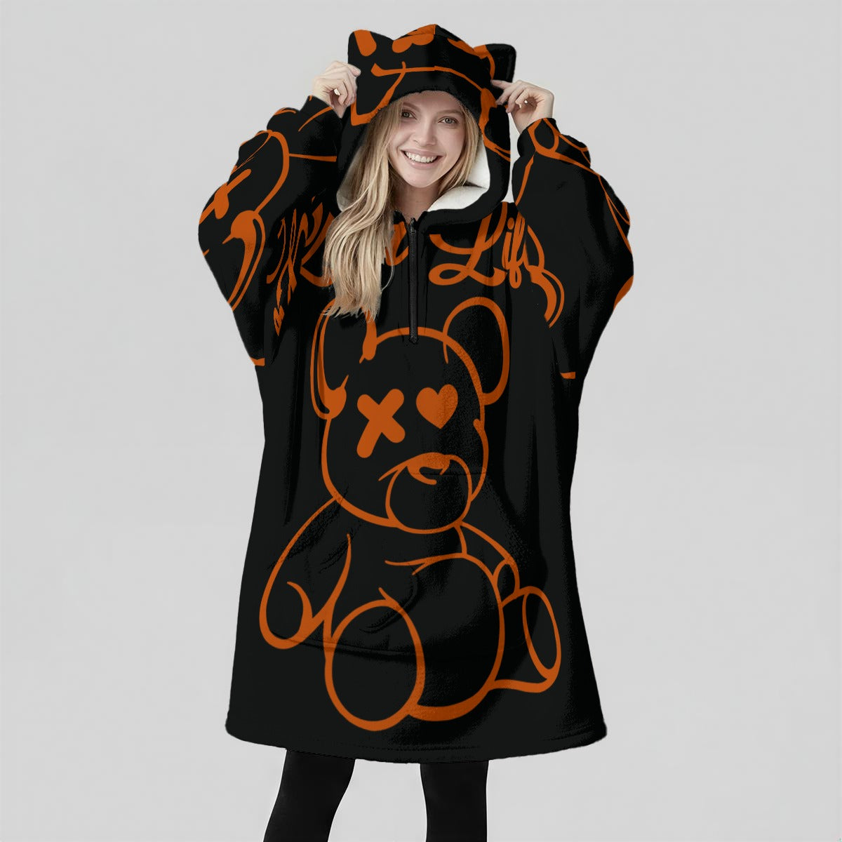 Bear Life All-Over Print Women's Fleece Oversized Hoodie Blanket With Decorative Ears