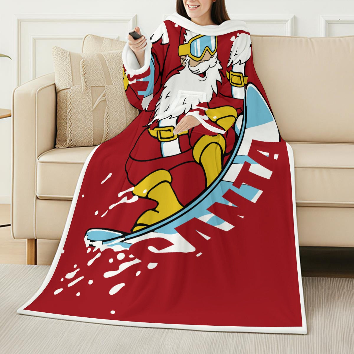 Surfing Santa All-Over Print Cozy Wearable Blanket with Sleeves