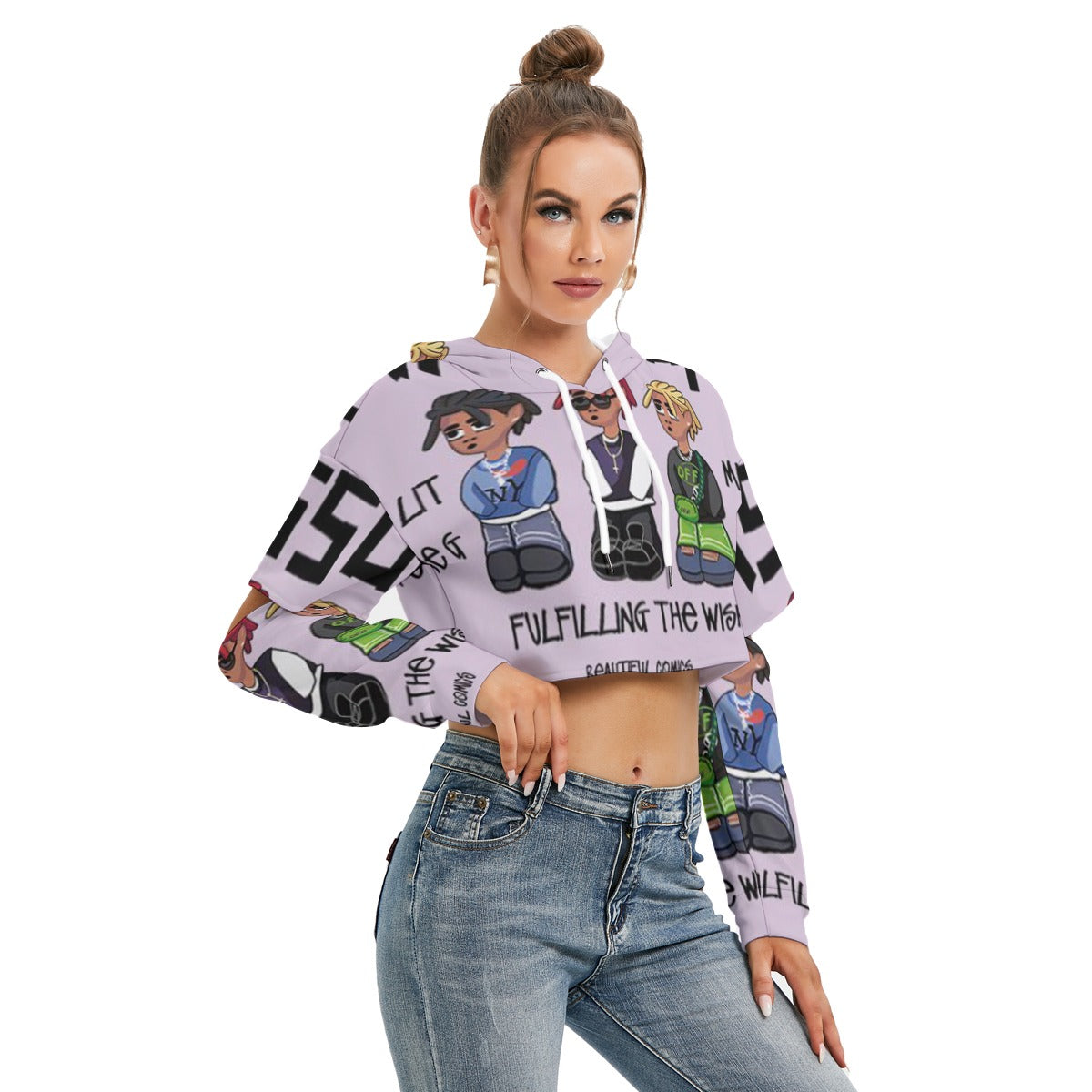 Stouges All-Over Print Women's Heavy Fleece Hoodie With Hollow Out Sleeve