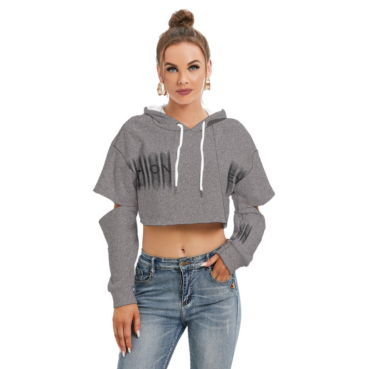 Grey Fashion All-Over Print Women's Heavy Fleece Hoodie With Hollow Out Sleeve