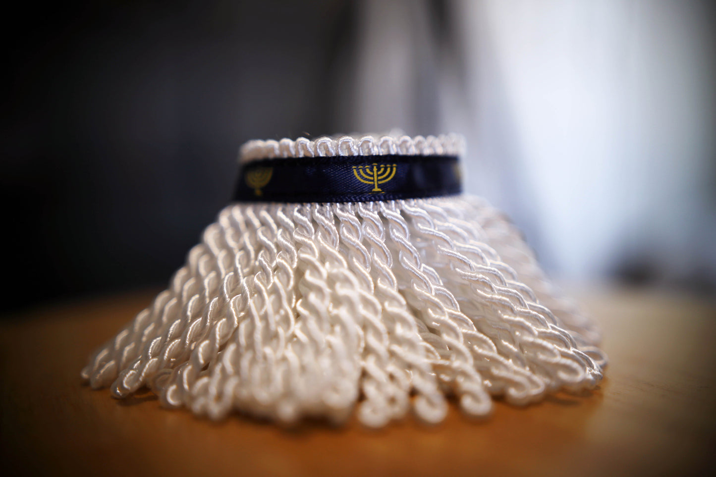 Rare Premium White Bullion Fringe with Navy Border of Blue and Menorah Print - israelite fringes for sale Judaica apparel