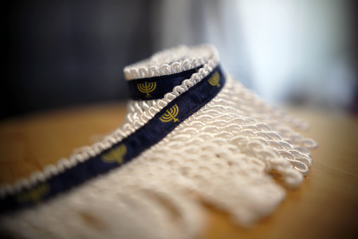 Rare Premium White Bullion Fringe with Navy Border of Blue and Menorah Print - israelite fringes for sale Judaica apparel