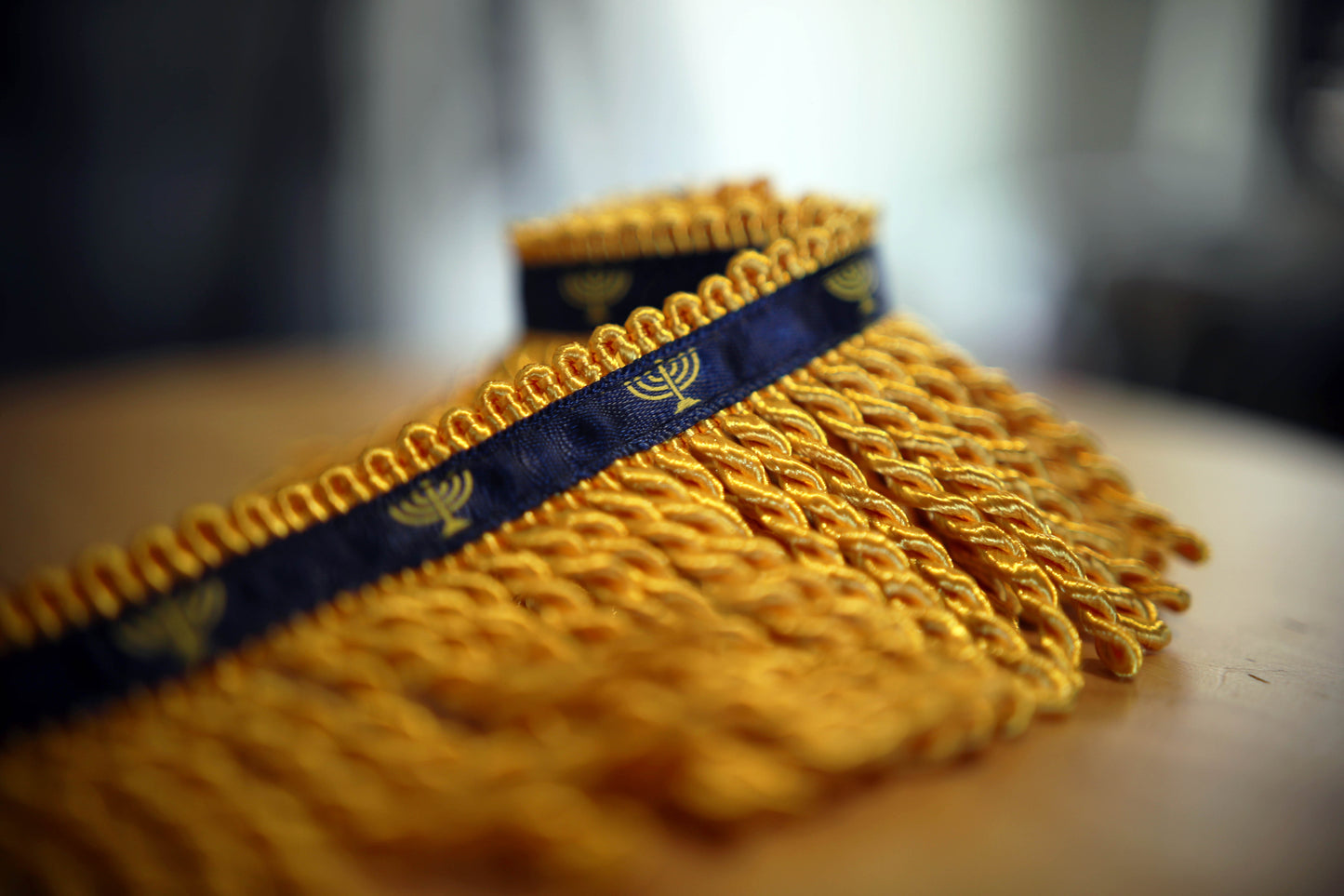 Rare Premium Super Saiyan Bullion Fringe with Navy Border of Blue and Menorah Print - Your Key to a Spiritually Empowered Life