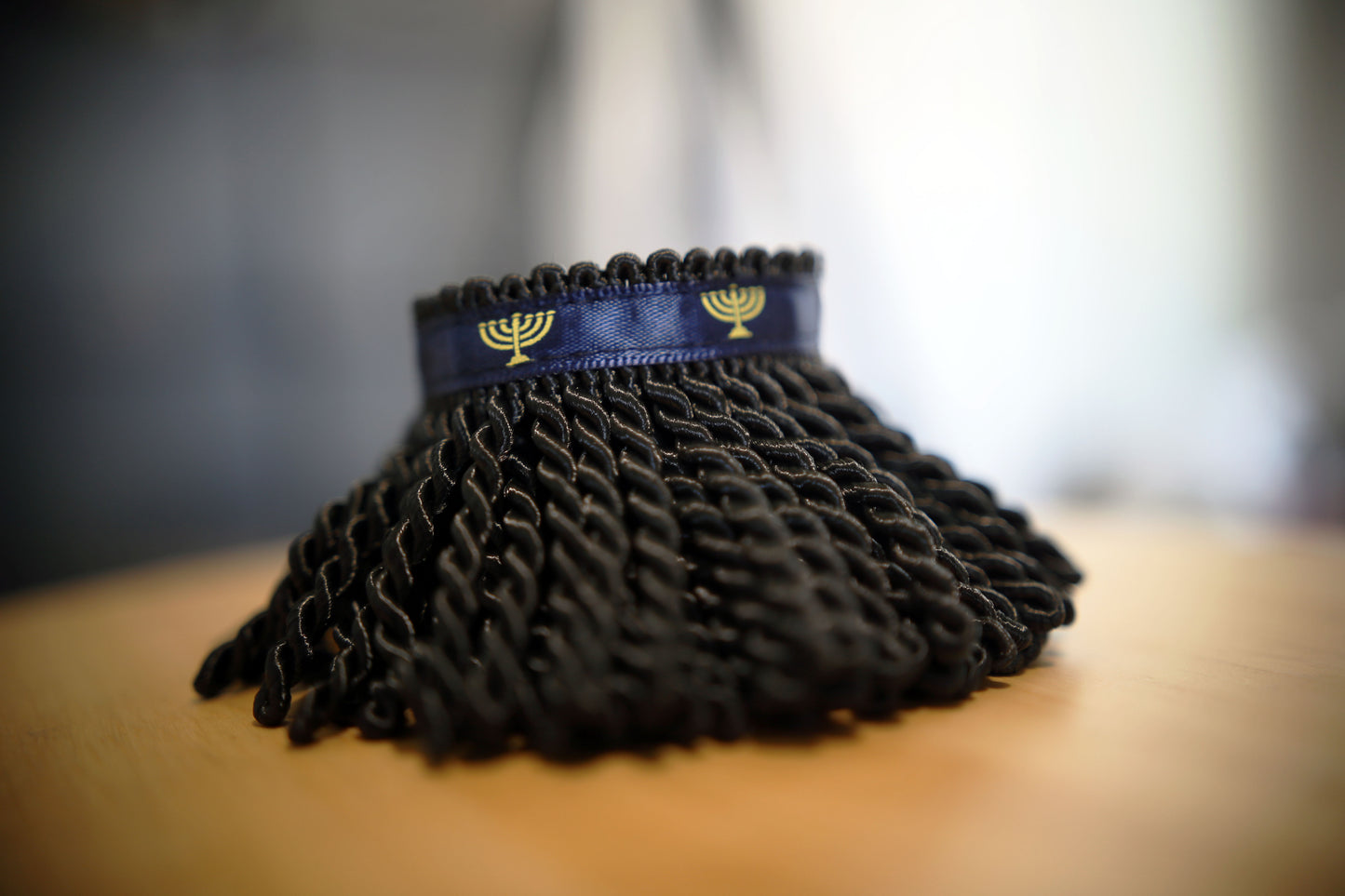 Black Fringe with Navy Blue Ribbon & Menorah Print - Israelite Apparel