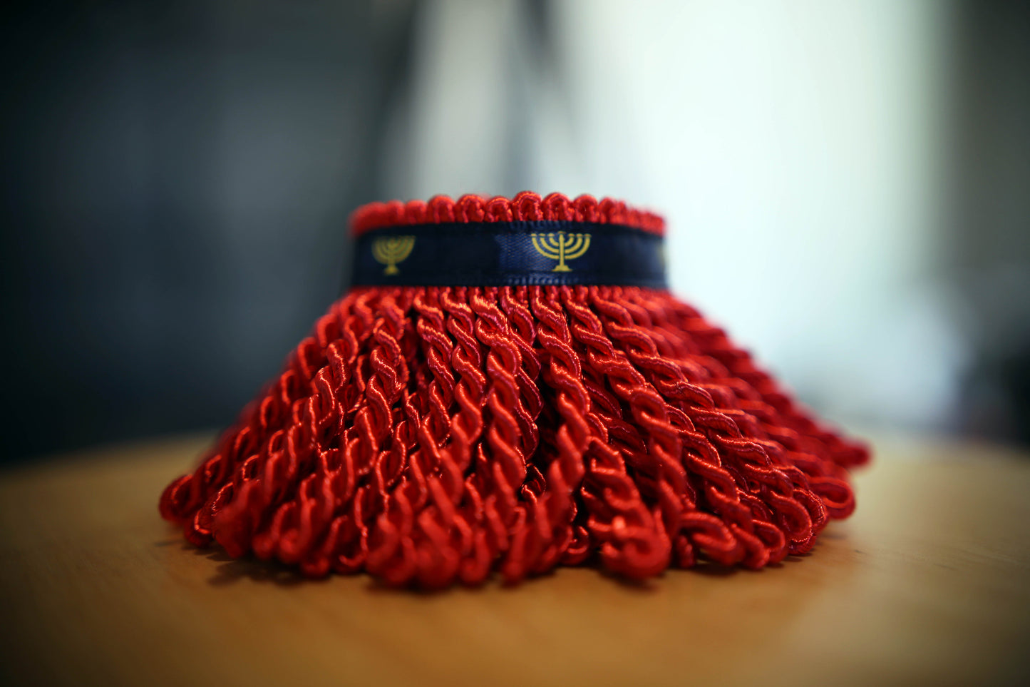 Crimson Red Bullion Fringe: Navy Blue Border, Menorah Print - Judaica Apparel