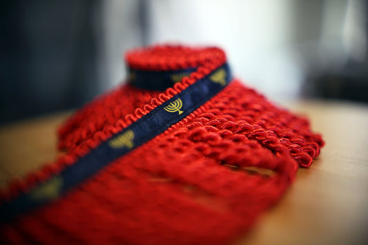Crimson Red Bullion Fringe: Navy Blue Border, Menorah Print - Judaica Apparel