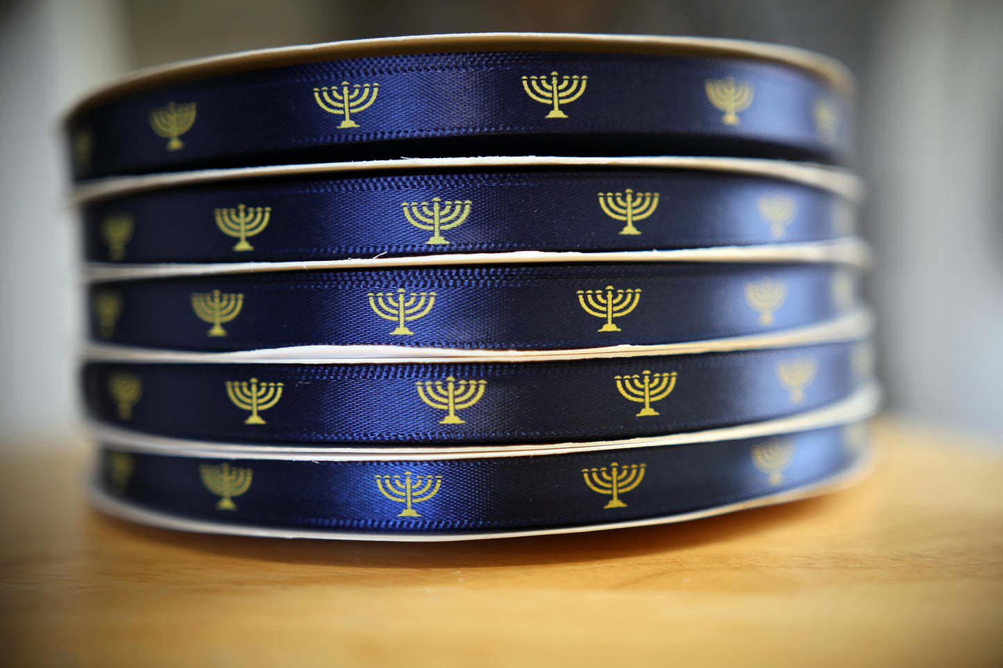 Satin Navy Ribbon: Blue Menorah Print Judaica Apparel Border