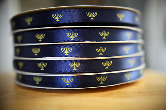 Satin Navy Ribbon: Blue Menorah Print Judaica Apparel Border