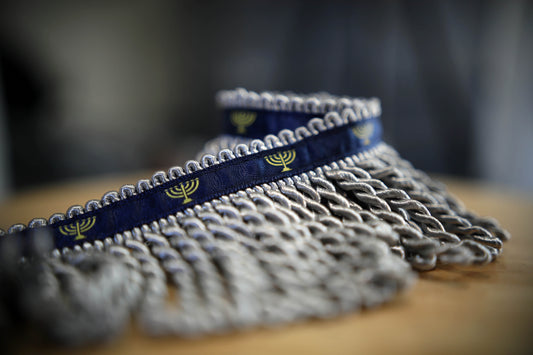 Rare Premium Mercury Silver Bullion Fringe with Navy Border of Blue and Menorah Print - israelite fringes for sale Judaica apparel