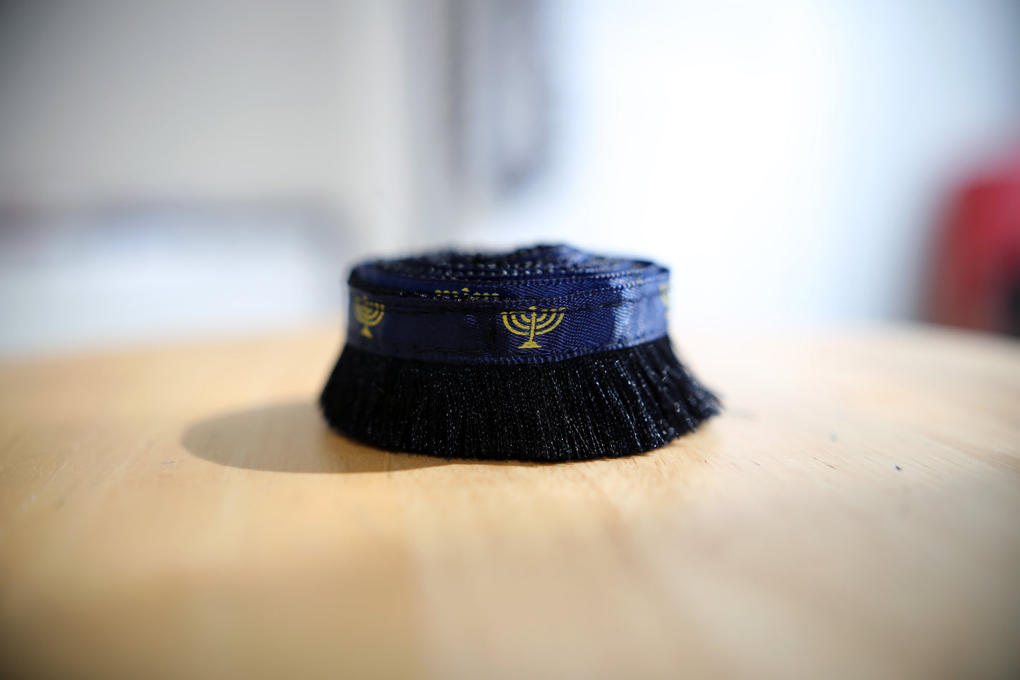 Israelite Hebrew Rare Premium Black 1" Brush Fringe With Navy Blue Ribbon and Menorah Print Judaica apparel (Copy)