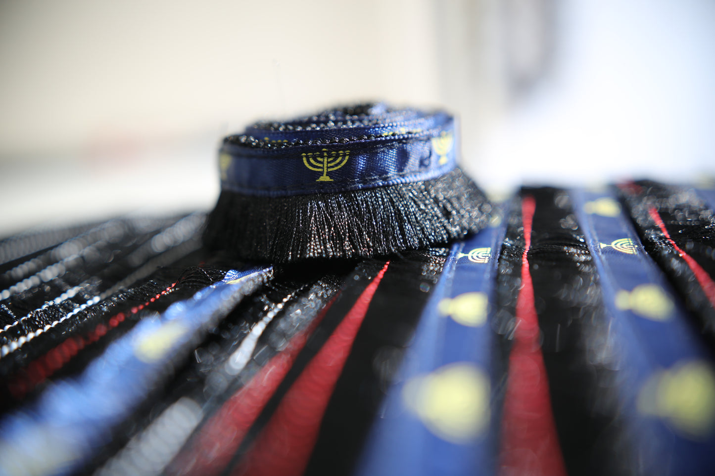 Israelite Hebrew Rare Premium Black 1" Brush Fringe With Navy Blue Ribbon and Menorah Print Judaica apparel (Copy)