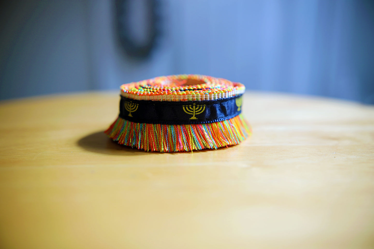 Israelite Hebrew Rare Premium Dreamcoat 1" Brush Fringe With Navy Blue Ribbon and Menorah Print Judaica apparel