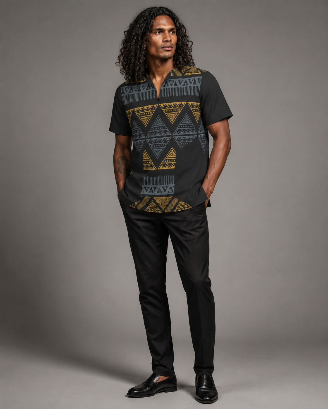 Black All-Over Print  Men's African Dashiki Shirt