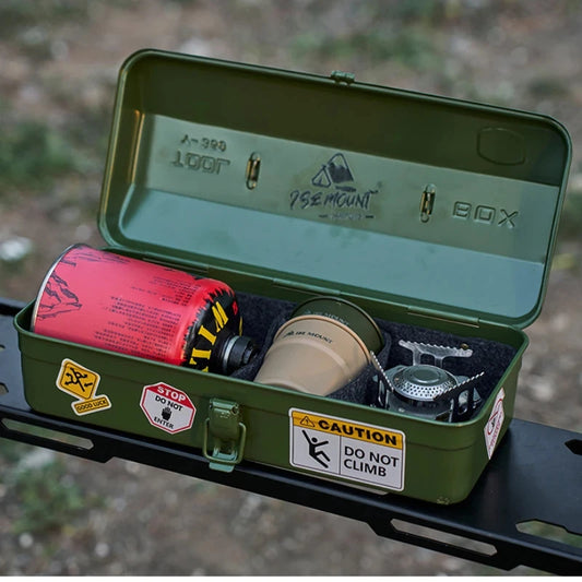 NOMAD OUTDOOR SUPPLY-Portable Metal Tool Box with Floating Design for Outdoor Camping Storage Featuring DIY Decoration Stickers and Steel Material