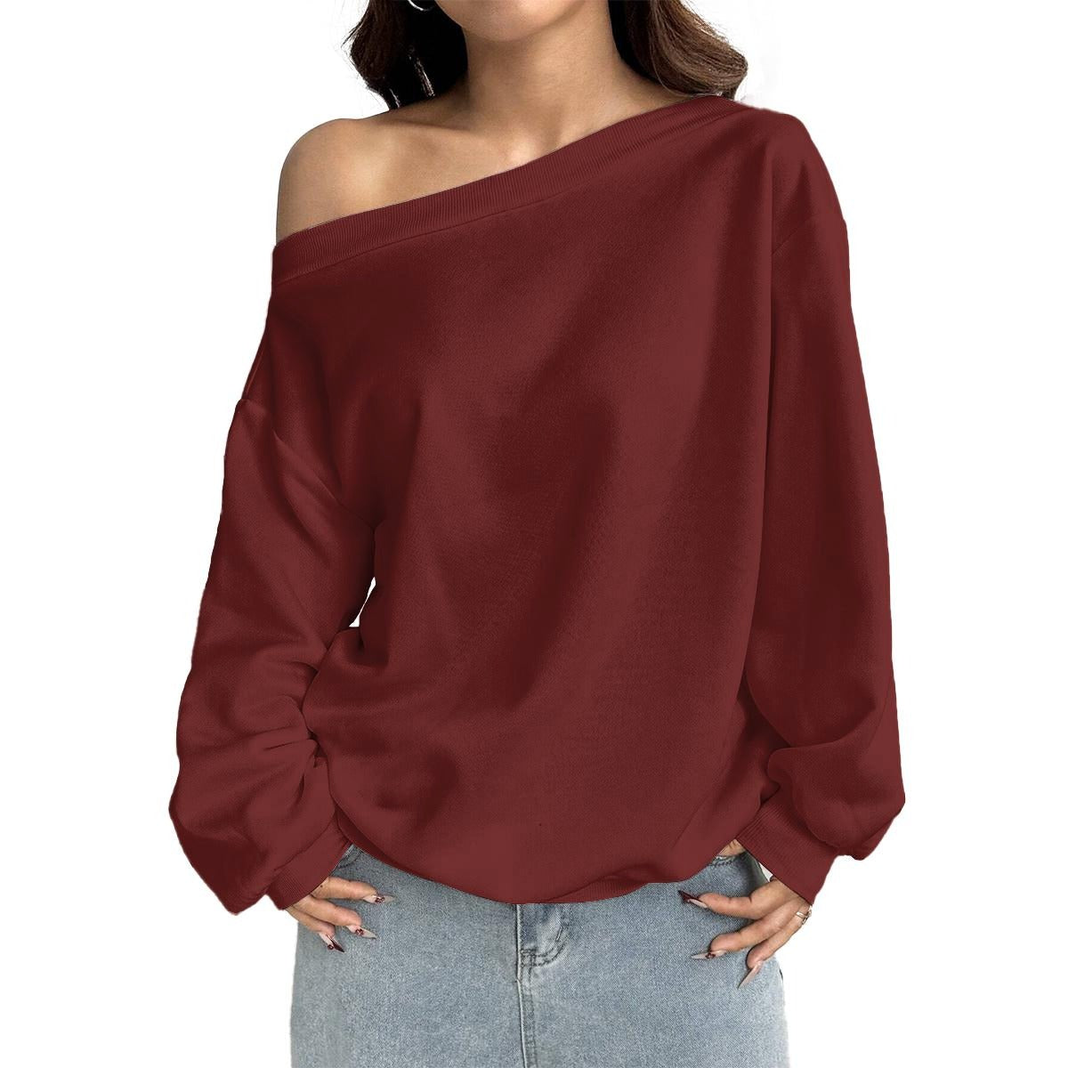 Minimal Streetwear Off-Shoulder Sweatshirt with Micro-Fleece Lining