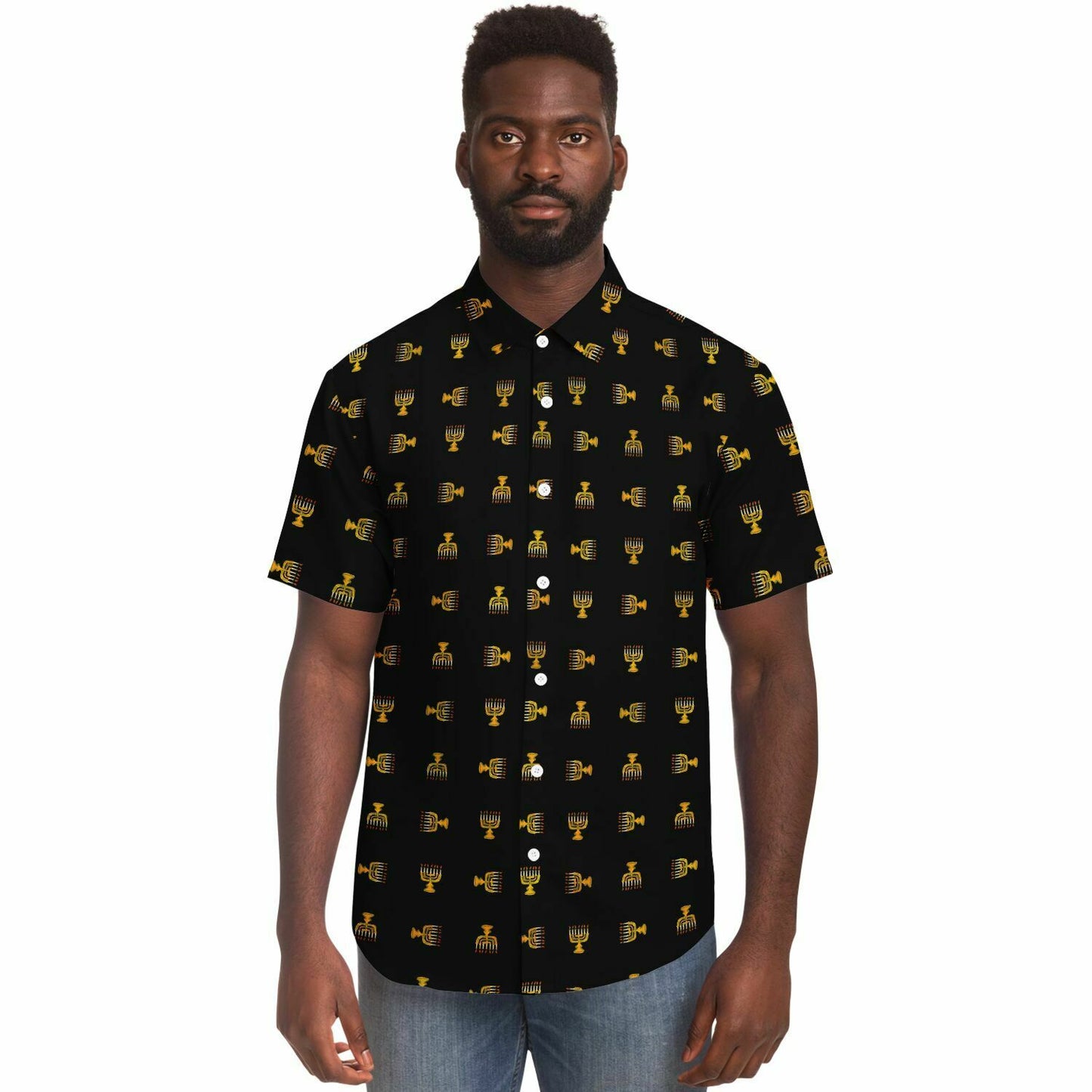 Hebrew Israelite Menorah Pattern Short Sleeve Poplin Polo Black