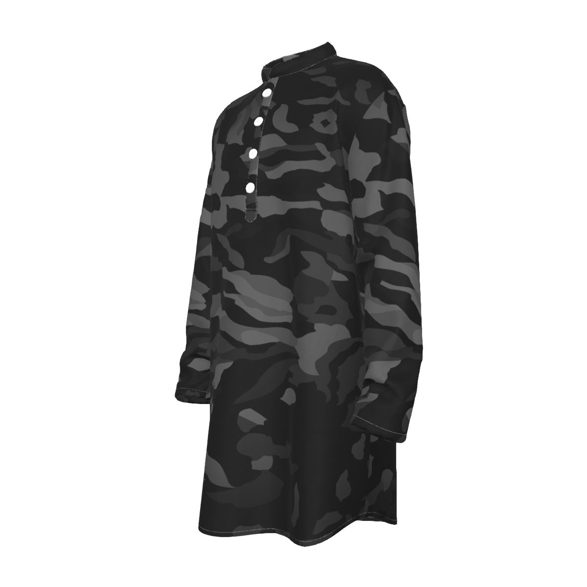 Black Camo All-Over Print Men's Stand-up Collar Long Shirt